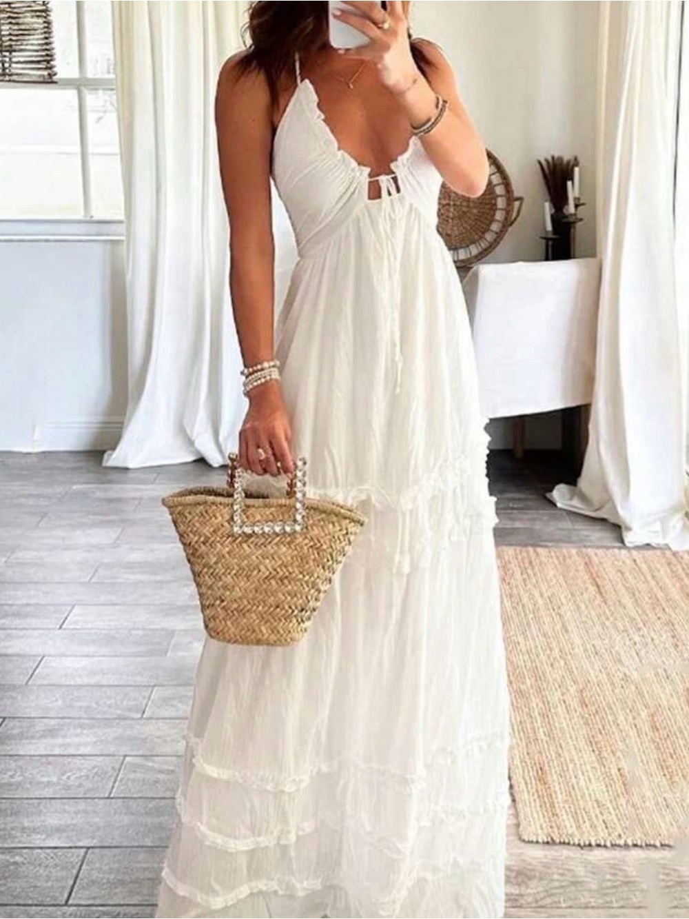 Bohemian White Sundress with Ruffle Trim